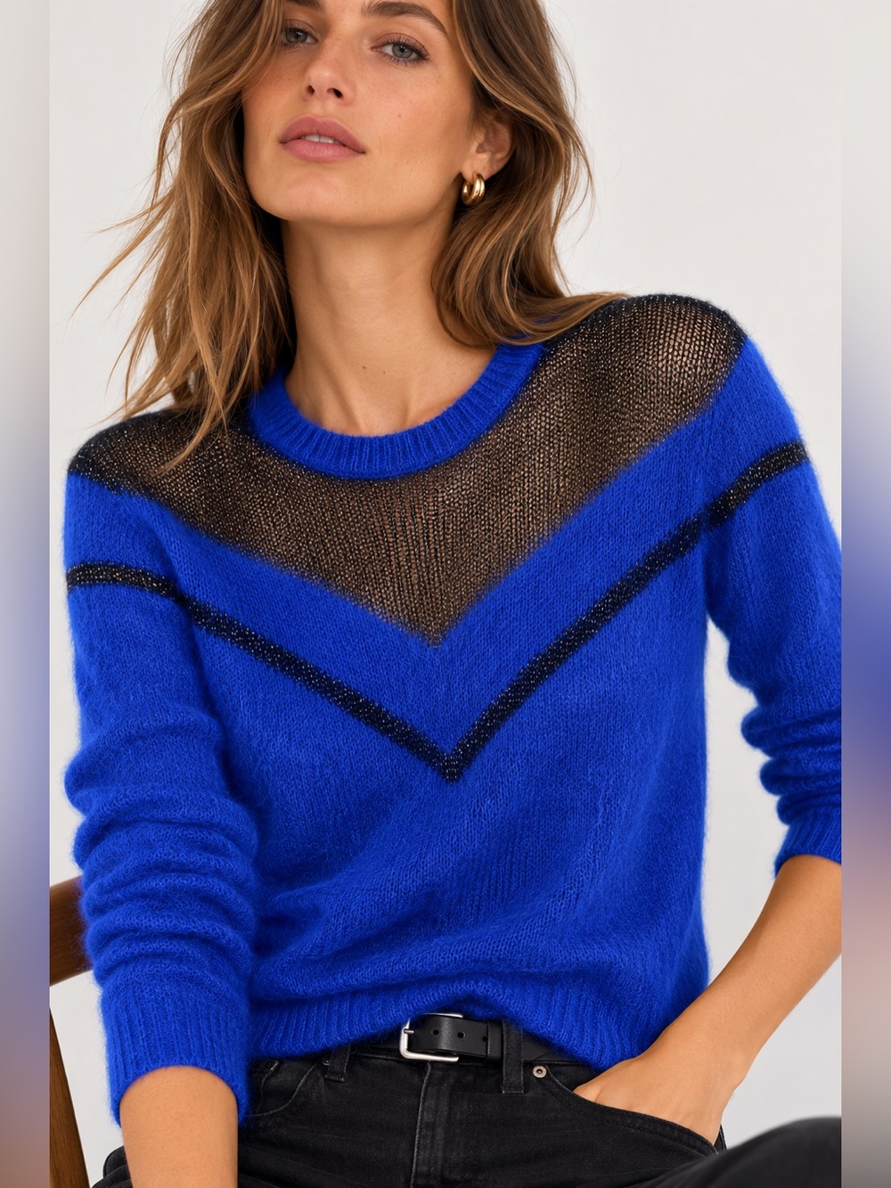 Rag & Bone Blaze Mohair Alpaca Sheer Chevron Sweater Blue